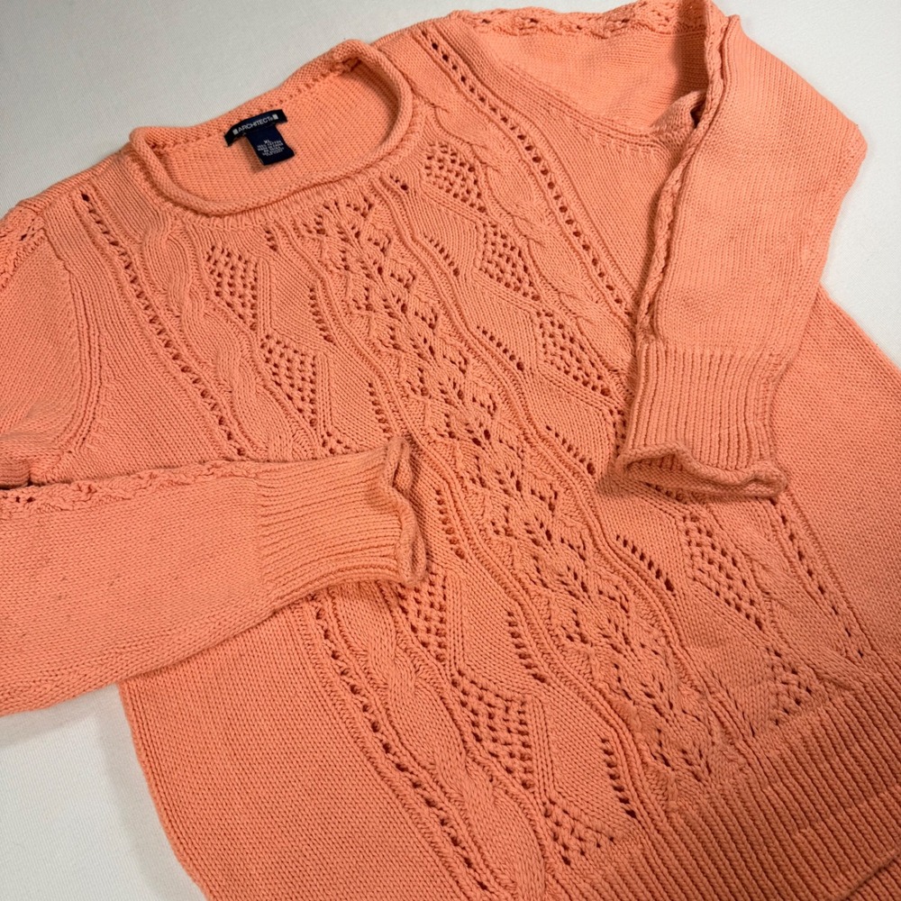 Architect Sweater XL Coral Peach 100% Cotton Cable Knit Pointelle Hi-Low Hem